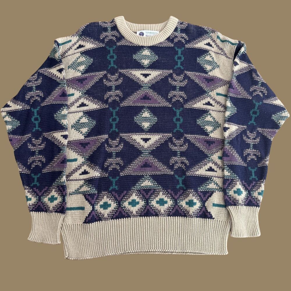 Vintage 90s Wimbledon Tennis Sweater Geometric Knit Made in USA Large